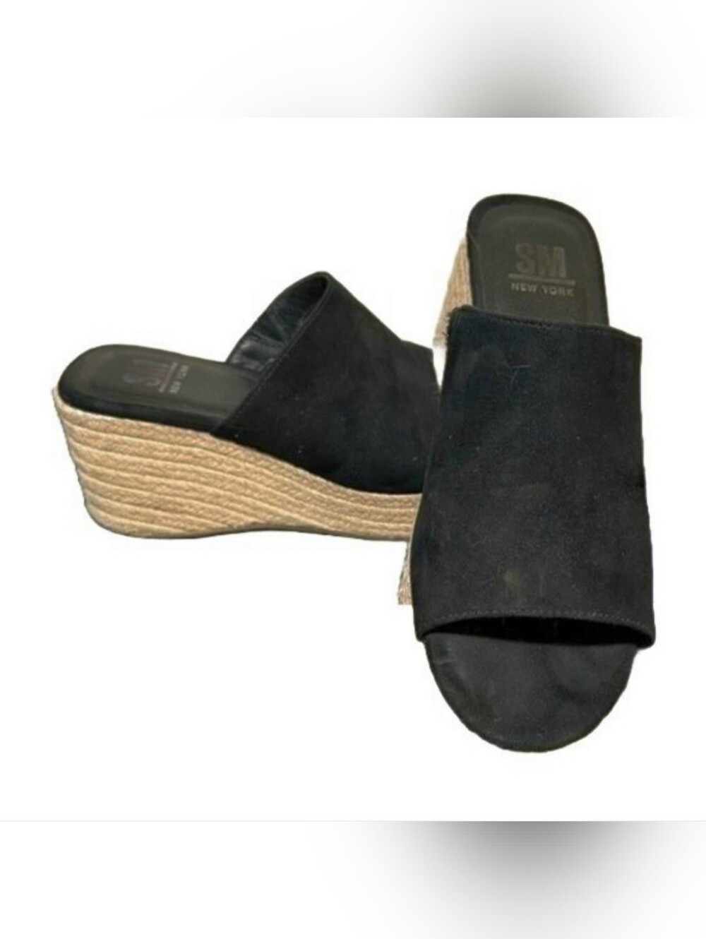 SM New York Black Suede Espadrille Wedge Slide Sandals